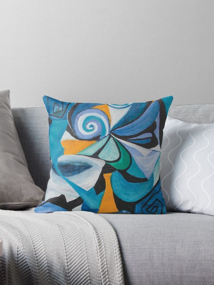 throw pillow with blue mood abstract design in blue dominant color with curved shapes and curls