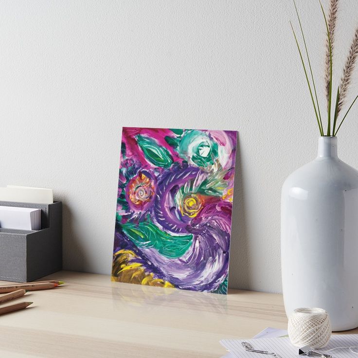 artboard with purple tones mottled abstract art image with swirls and rounded circular shapes in green,white fuchsia,purple and yellow colors