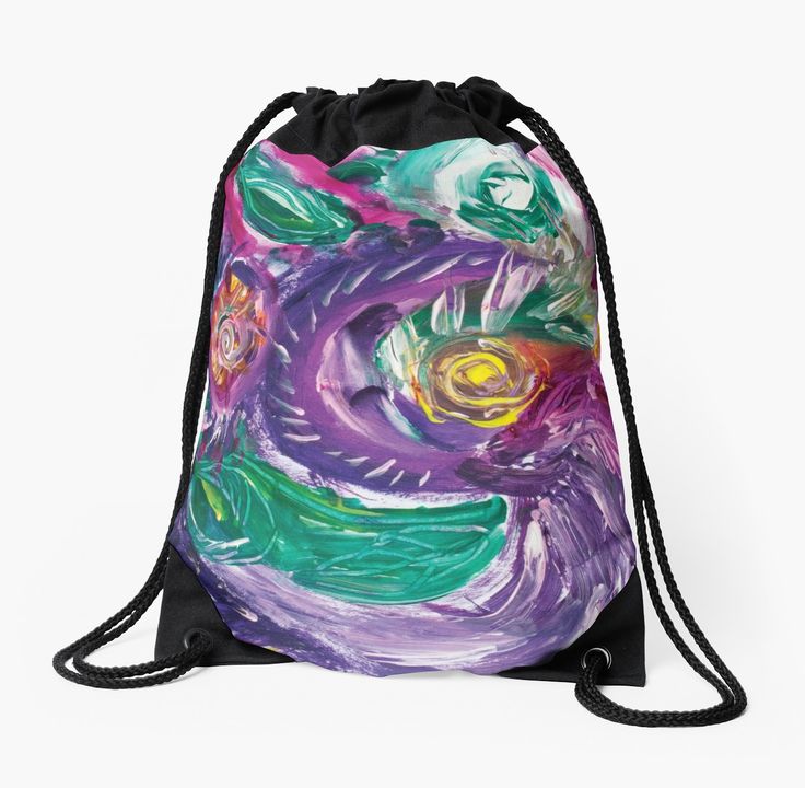 drawstring bag with purple tones mottled abstract art image with swirls and rounded circular shapes in green,white fuchsia,purple and yellow colors