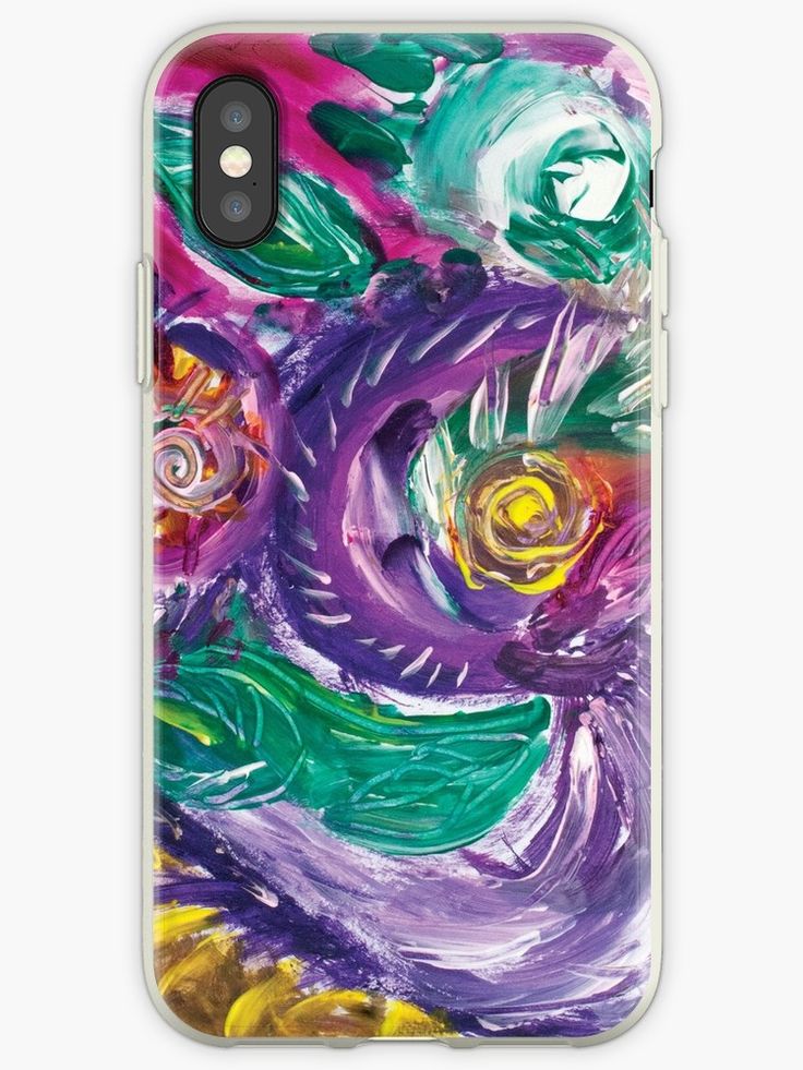 phone case with purple tones mottled abstract art image with swirls and rounded circular shapes in green,white fuchsia,purple and yellow colors