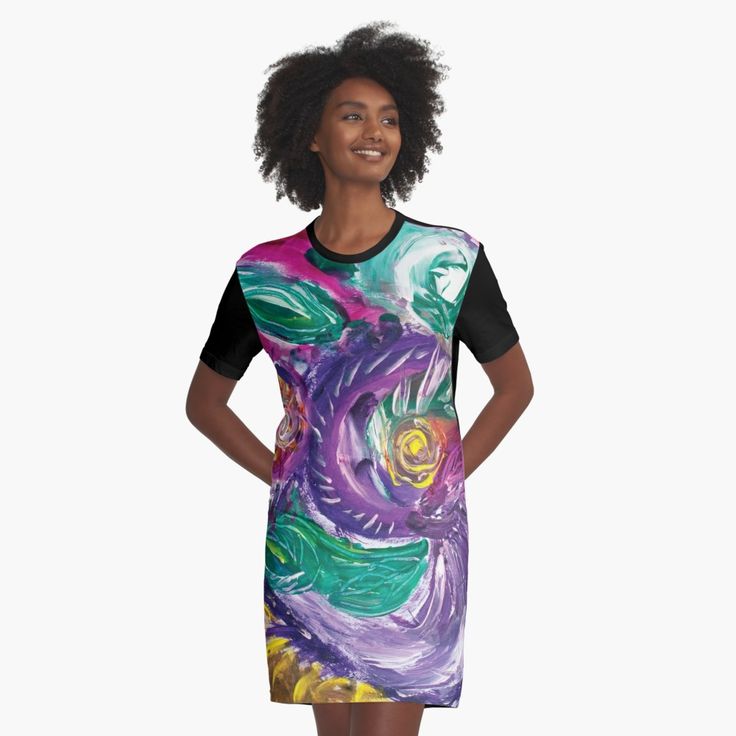 tshirt with purple tones mottled abstract art image with swirls and rounded circular shapes in green,white fuchsia,purple and yellow colors