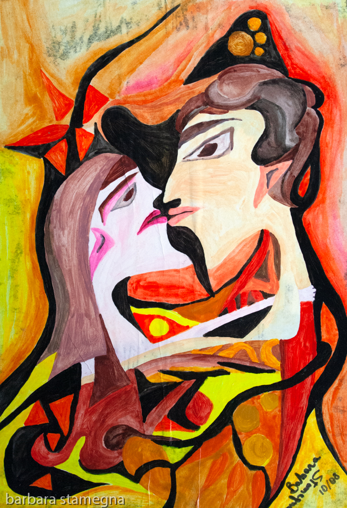 Abstract image with a facing woman and man heads central figure in the act of wanting to kiss, with abstract round and bended shapes and geometric forms.