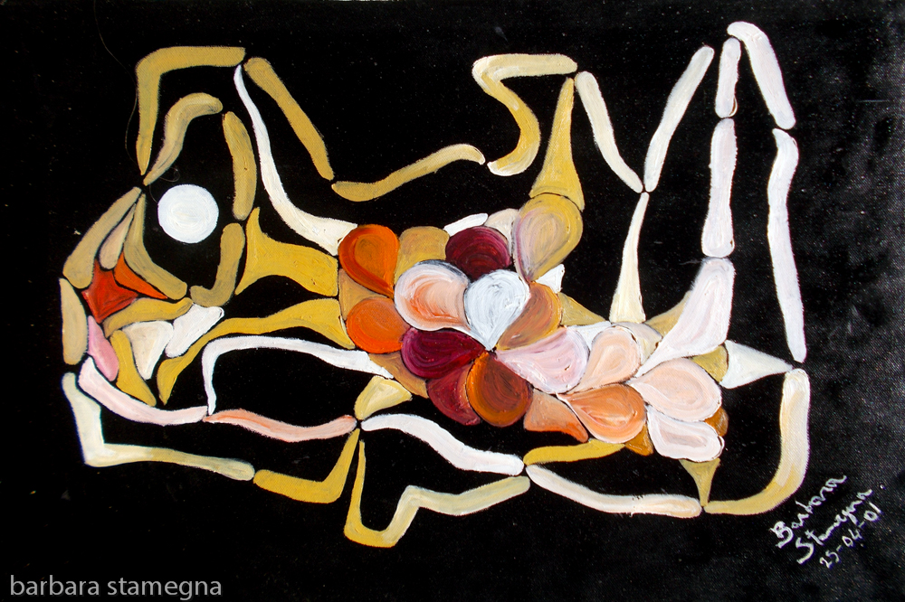 Abstract shapes composition image in white, orange, yellow tones, brownish tones, red tones, wine colors with round and irregular curved shapes and long bended forms