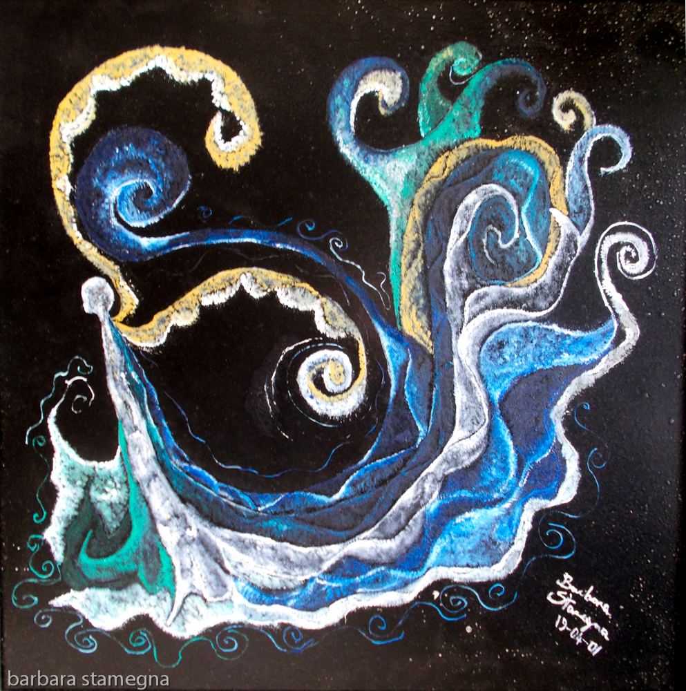 Down the abyss like image in white, blue, green, yellow tones with an abstract human-angel like standing figure with wings, curls, curved shapes and bended lines on black enamel background, with nuances.