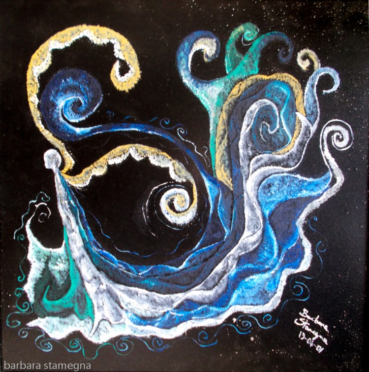 Down the abyss like image in white, blue, green, yellow tones with an abstract human-angel like standing figure with wings, curls, curved shapes and bended lines on black enamel background, with nuances.