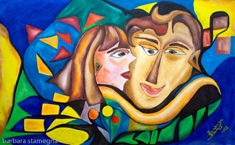 abstract image iwith a woman and man heads central figure and the woman in the act kissing the man’s cheek, with abstract round and bended shapes and geometric forms.
