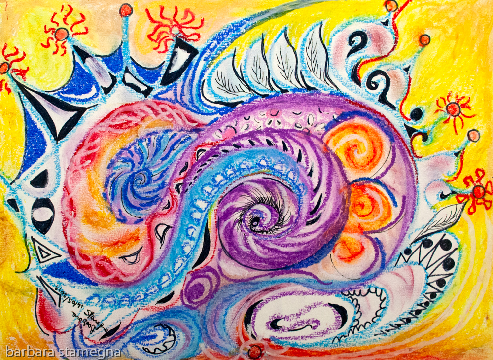 Roundish multicolored shapes artwork abstract image in red, white, orange, pink, black, blue, light blue and purple tones on yellow background with circles and concentric shapes, with leaves like and with curved and geometric forms and curls and bended lines on yellow background, with nuances.The