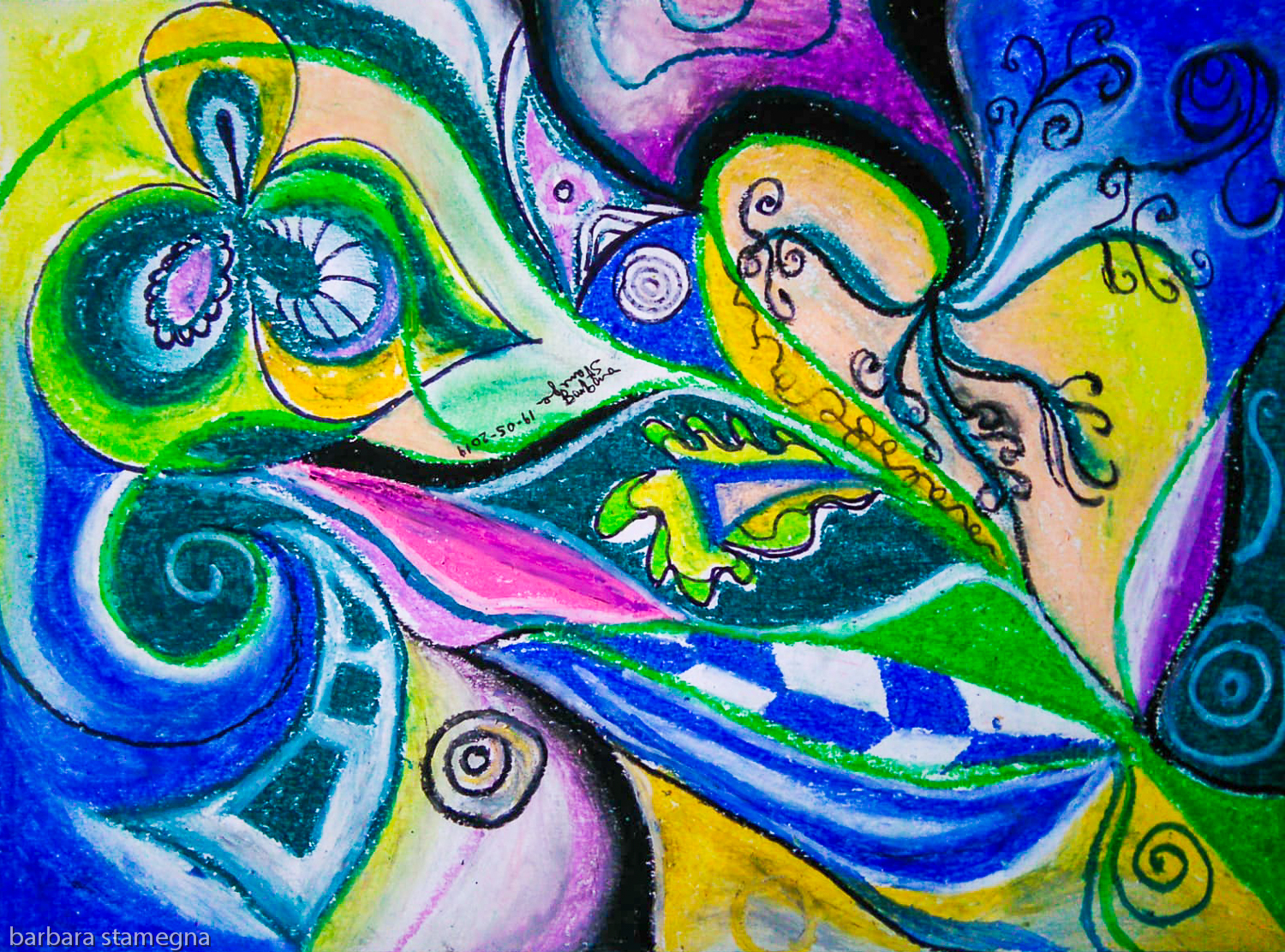 Abstract image with dynamic shapes and forms in movement, in dominant blue and green tones with swirls, circles and concentric shapes, with leaf and flower like shapes and with curved and geometric forms and curls and bended lines, in blue, green, yellow, black, white, pink and purple tones, with shades.