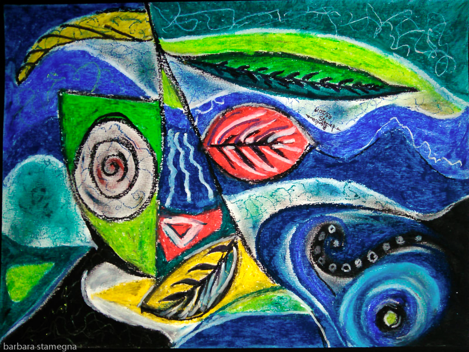 Dynamic shapes artwork abstract image in blue, light blue, white, orange, green, light green, black, and yellow tones on wavy moving background with circles and concentric shapes, with leaf shapes and curved and geometric forms and bended lines, with shades.