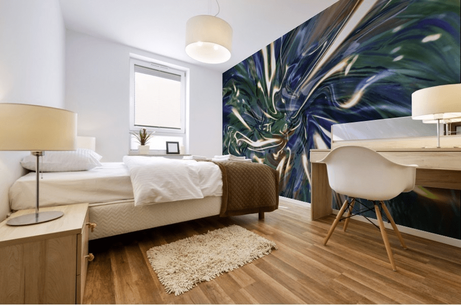 abstract mural print on bedroom wall with fluid pattern and light vortex