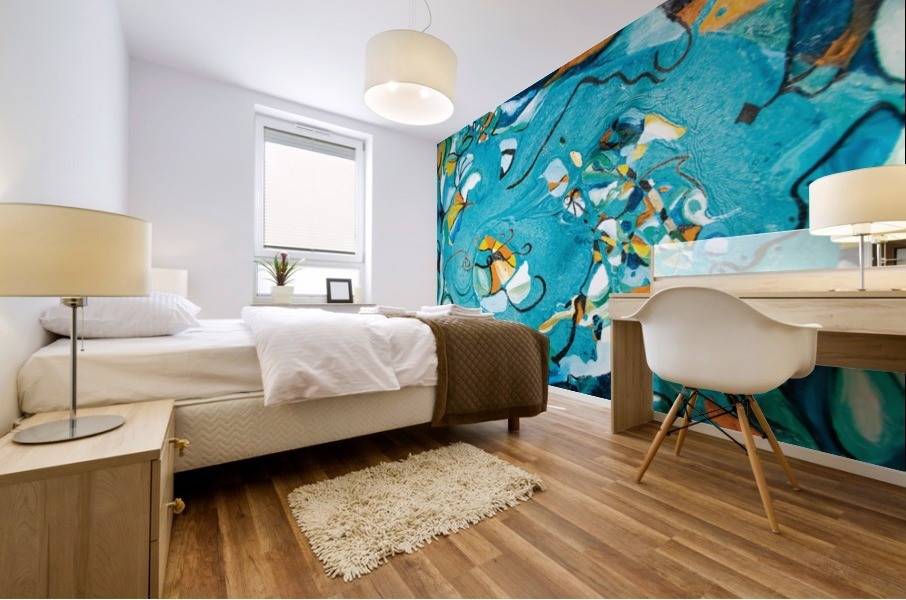 adhesive mural print in blue color with abstract floral pattern