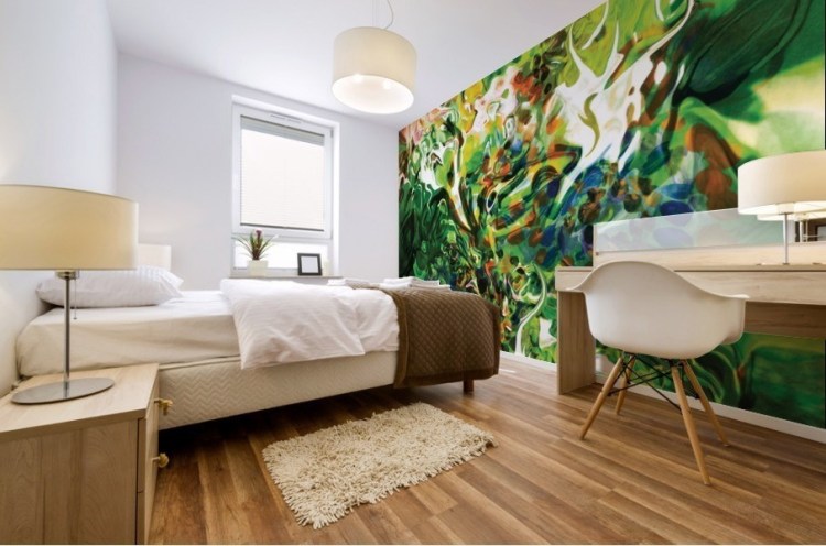 bedroom with abstract green pattern adhesive mural print on the wall, white shades and dots