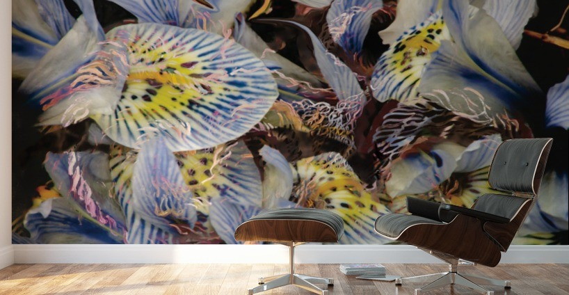 adhesive mural print with floral pattern on dark background on office wall behind arm chair