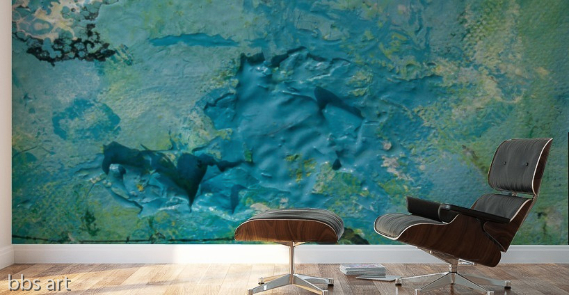 abstract blue sea sinkhole with green,yellow and white streaks, adhesive mural print on a studio wall