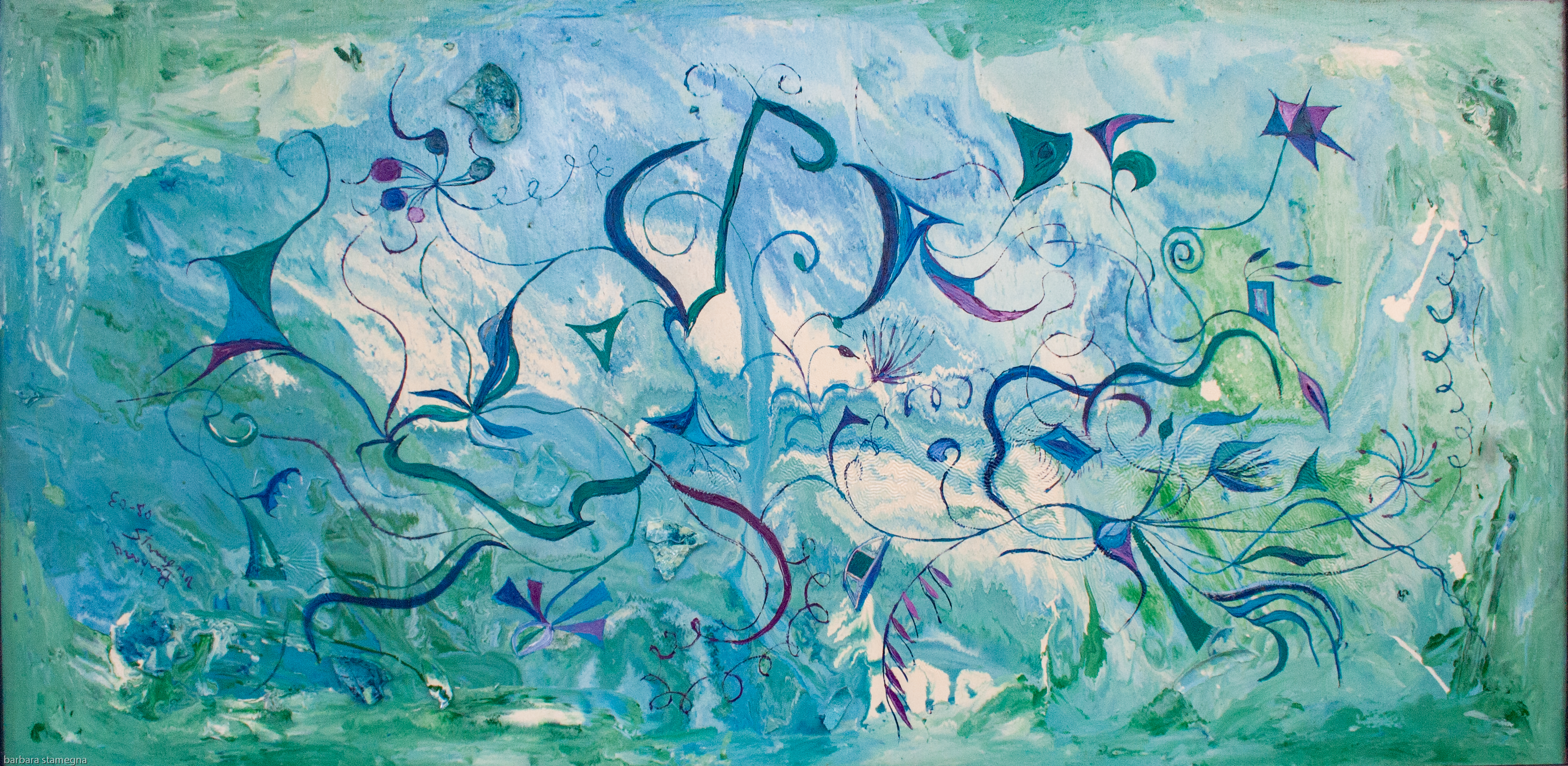 Abstract orient impressions like image with blue, green, purple floating shapes and bent floating lines on blue, white, green water like mottled enamel background