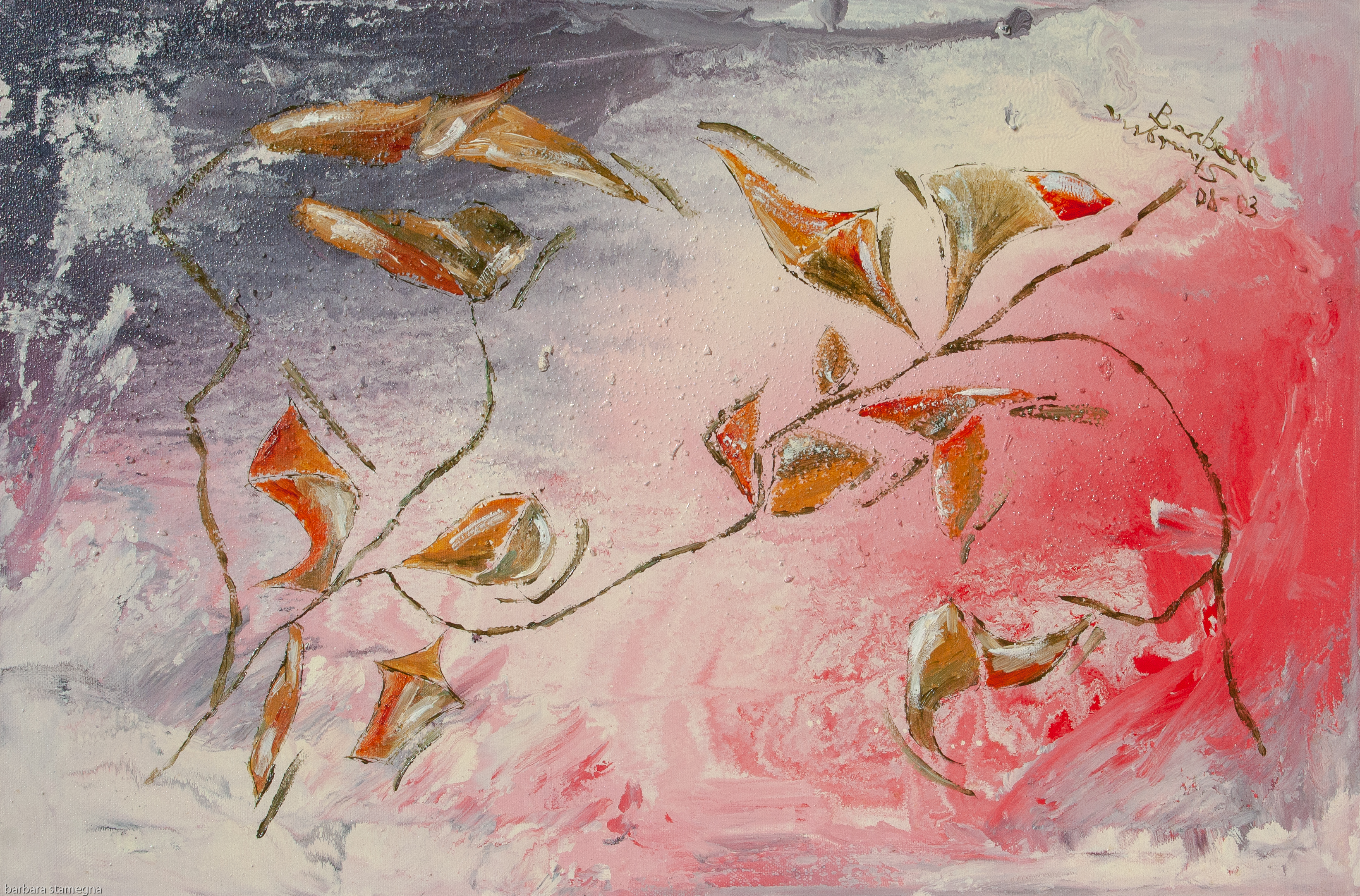 Abstract painting evoking a tepid fall with yellow, green, white, red, orange, brownish leaf and flowers like shapes and branches and lines on pink, white, gray, red, enamel rough texture background, with nuances and shades.