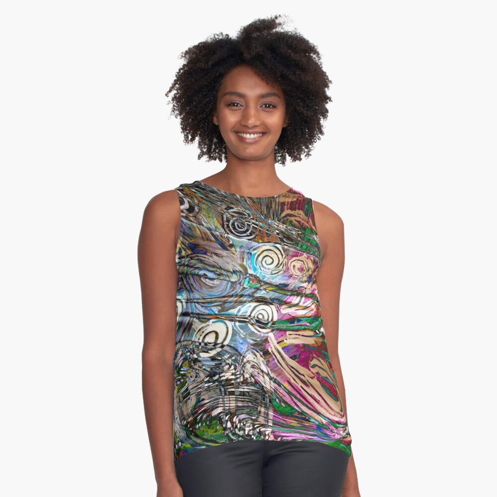 sleeveless top with abstract fluid enegetic flow pattern