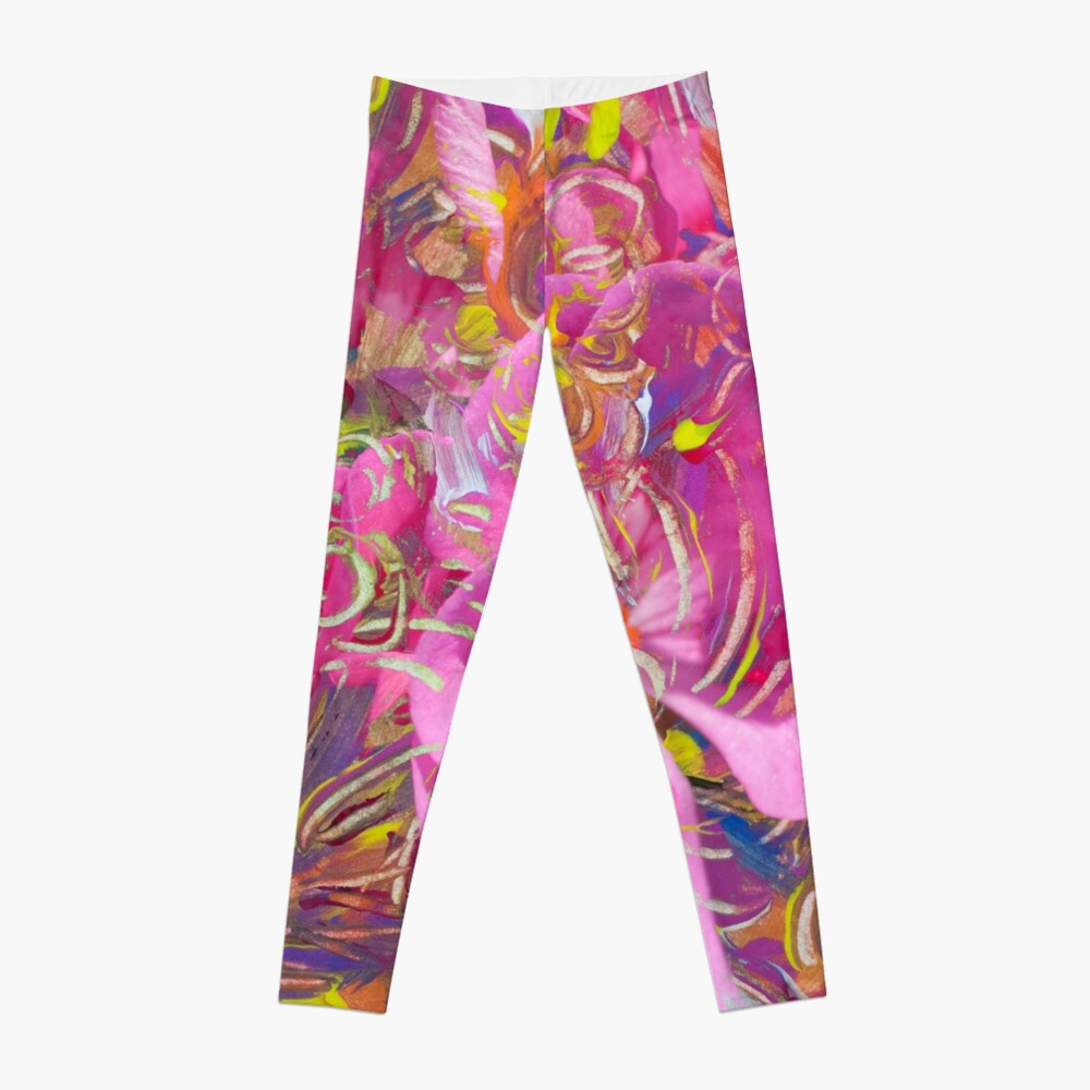 pink orange tones mottled leggings with abstract flower fantasy