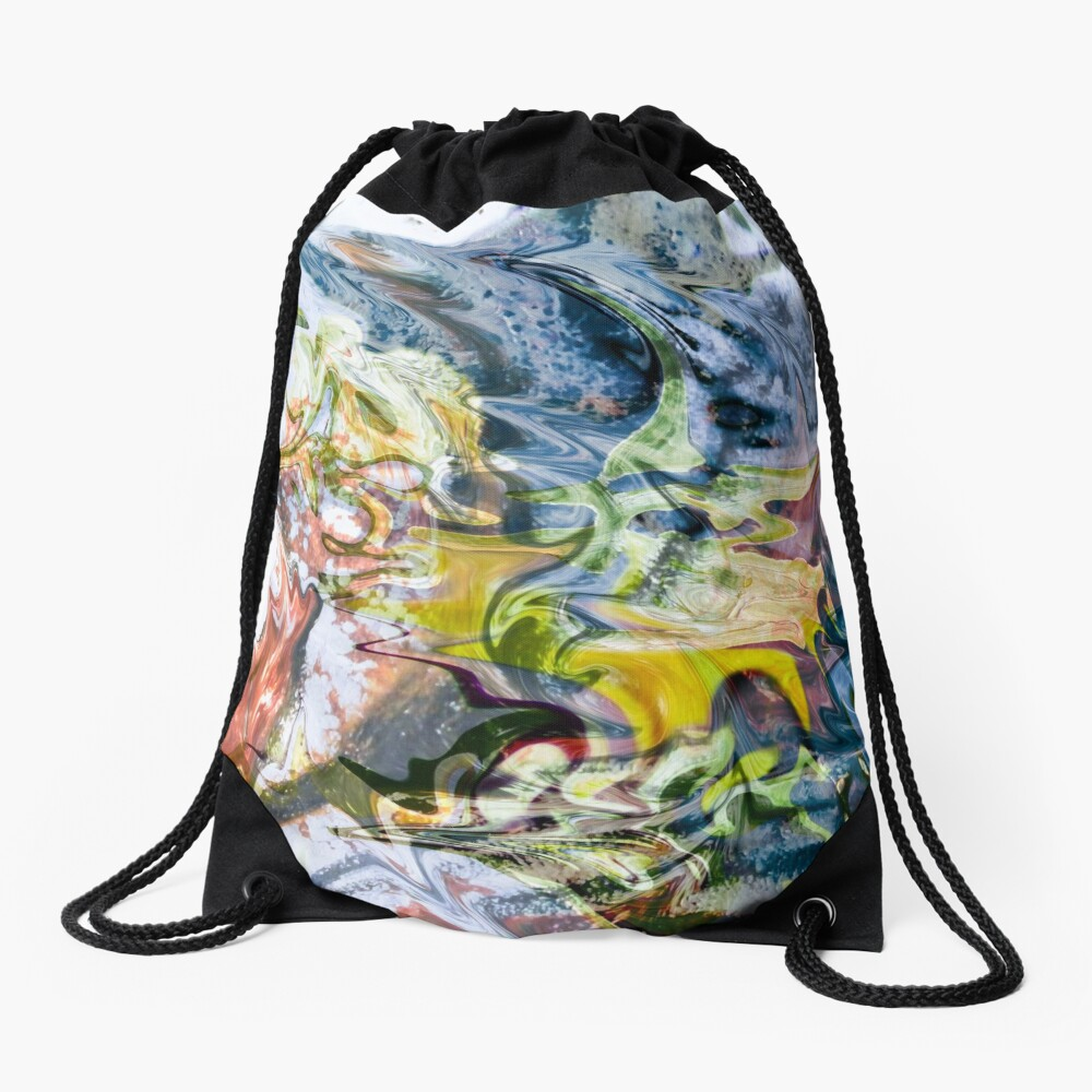 drawstring bag with abstract fluid objects pattern