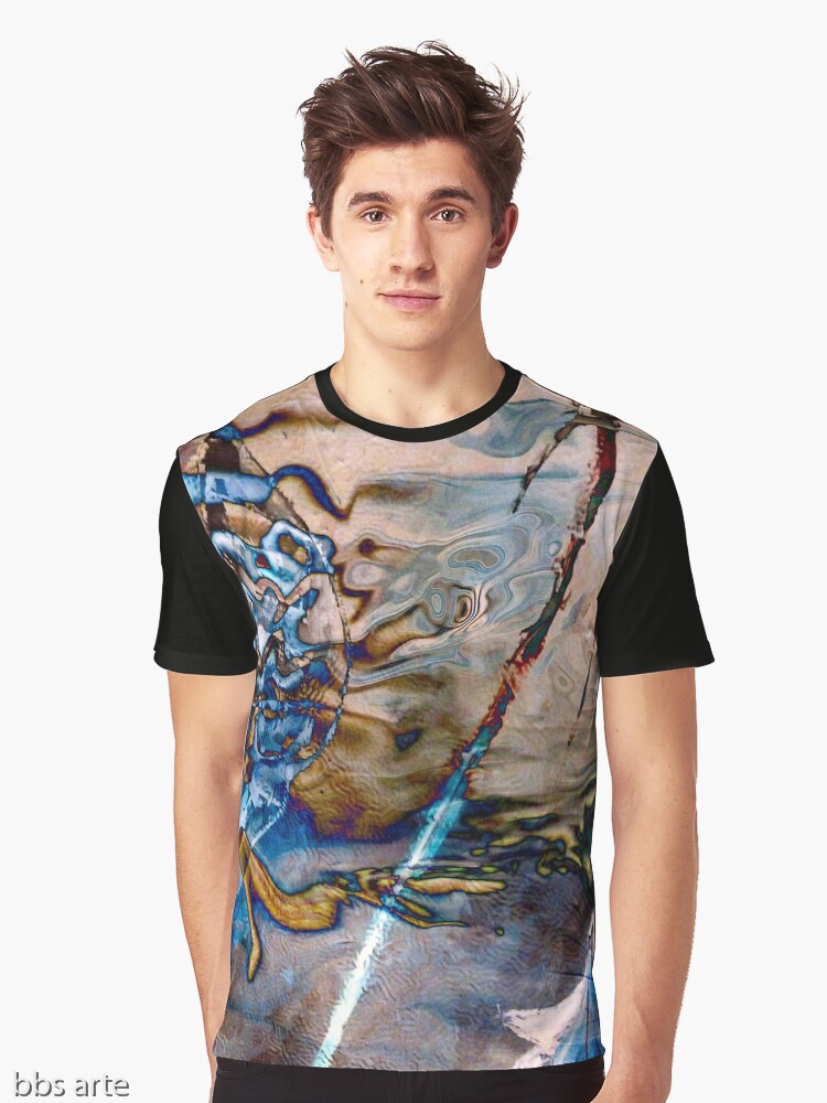 water dream abstraction image with fluid shapes, lines, waves and colors in blue and light brown tones on graphic shirt