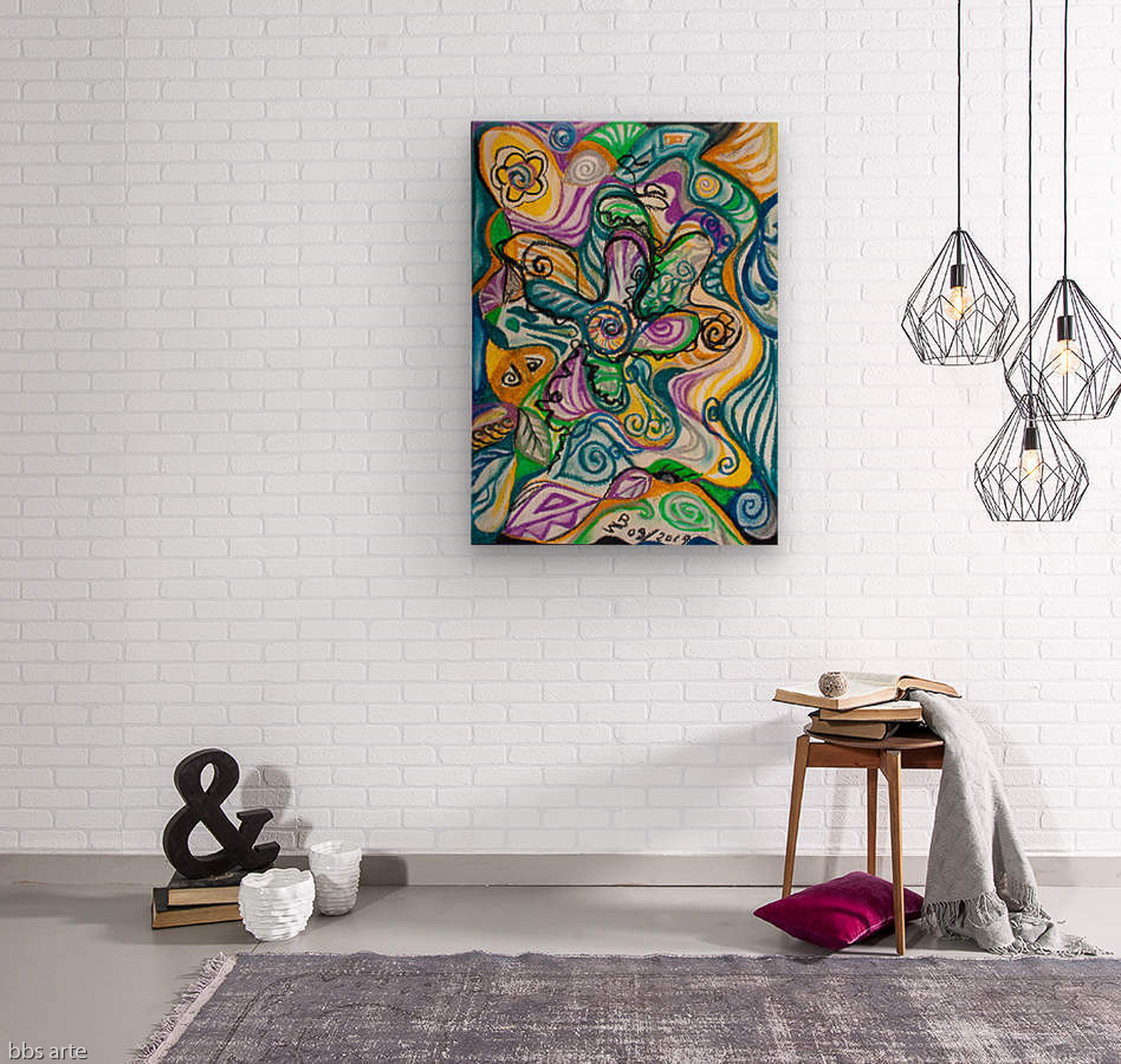 wall with multicolored abstract design on wood print
