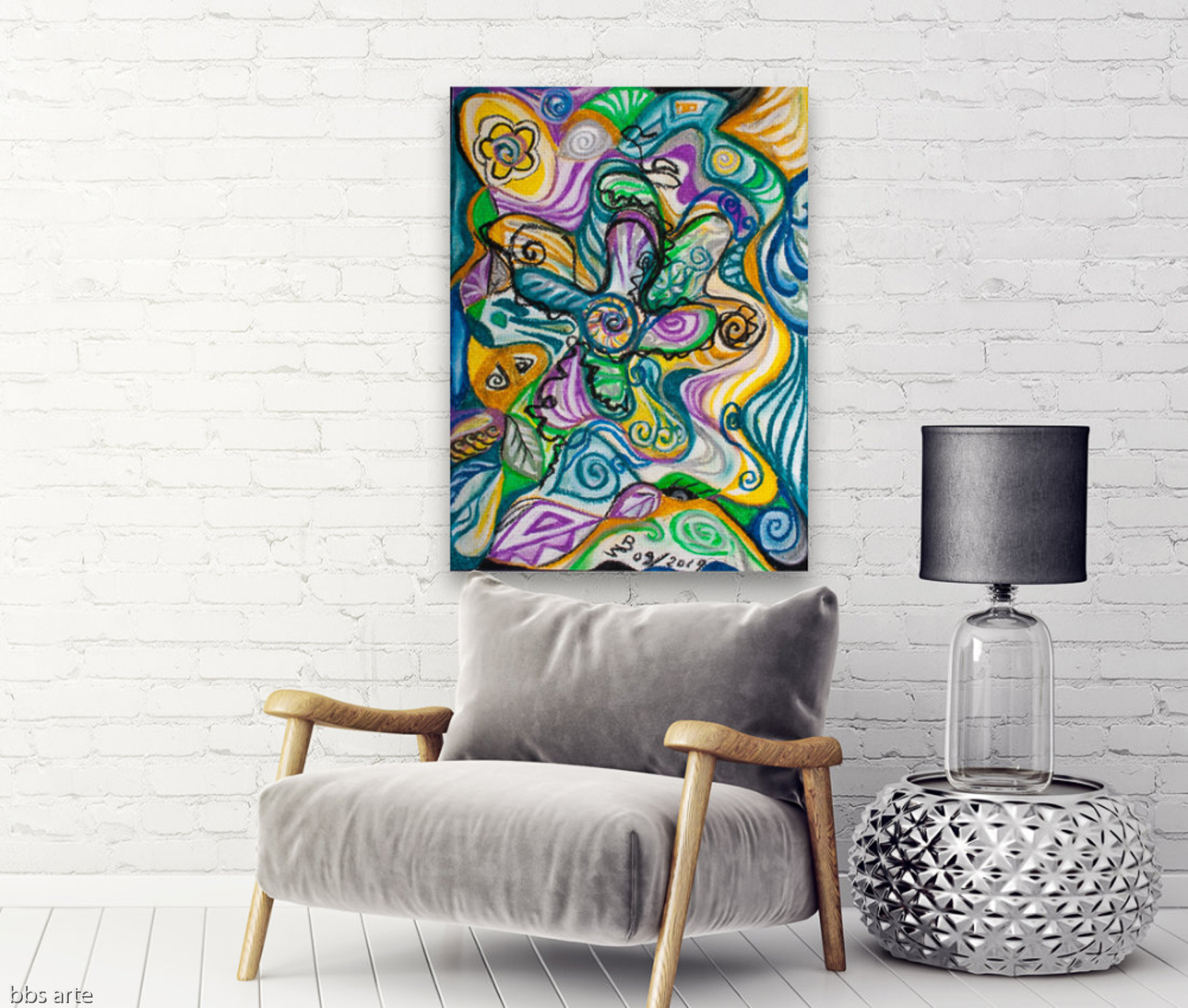 wall with multicolored abstract composition design on canvas