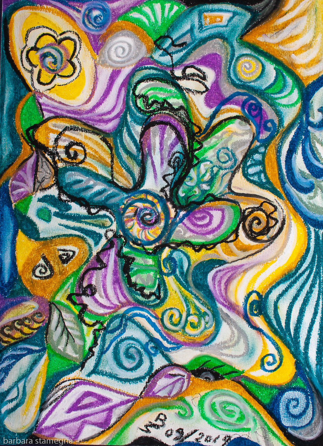 multicolored curved shapes and bended lines abstract image composition in tones of blue,yellow,green,white,purple and black.