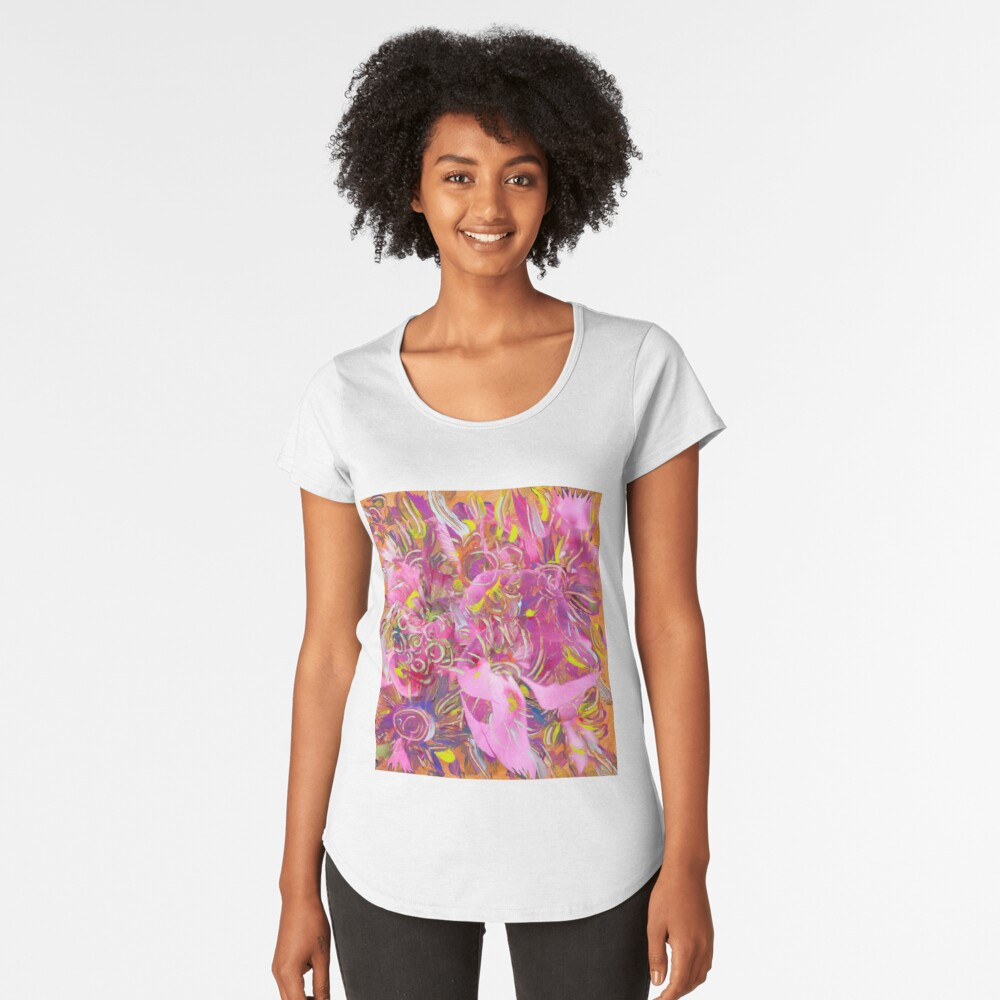 pink orange tones mottled premium scoop t-shirt with abstract flower fantasy