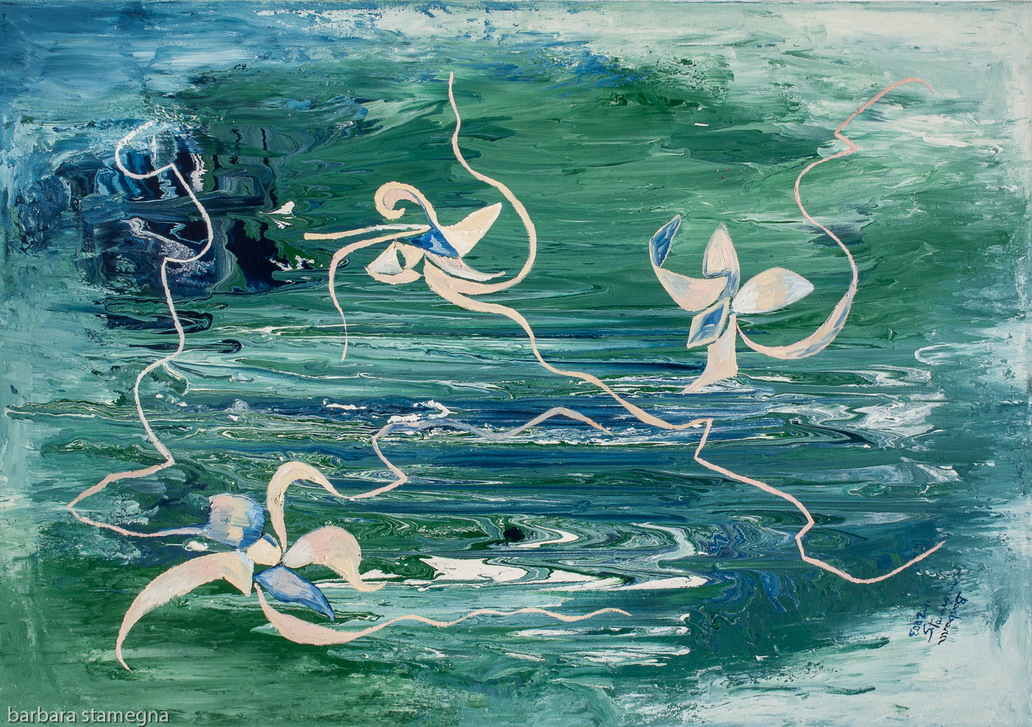 Blue, light pink, white tones flowers, leaves, plants and branches like floating shapes with irregular bended lines on mottled, colorful water surface like enamel background in blue, green and white tones shades and nuances.