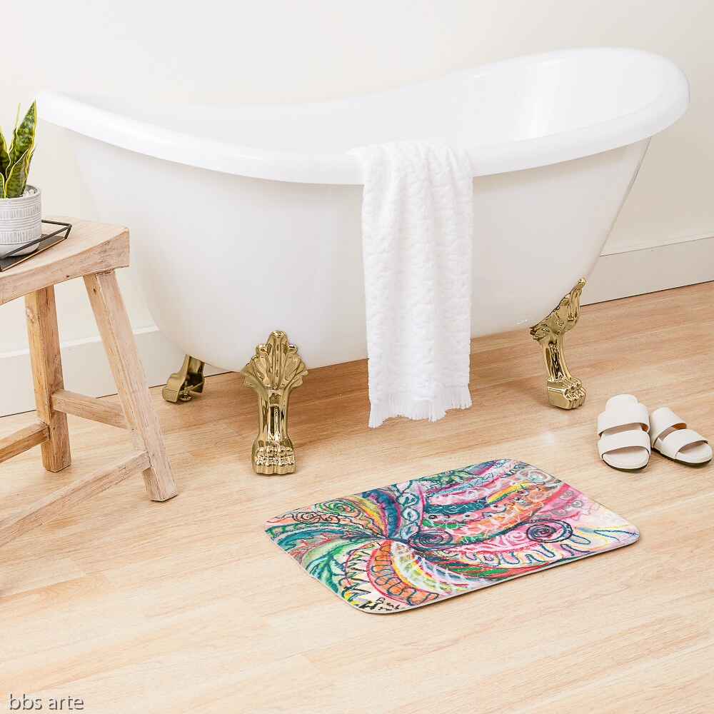 bath mat with abstract concentric nature design in tones of pink, blue, green, orange, black and white with curls and shapes of nature
