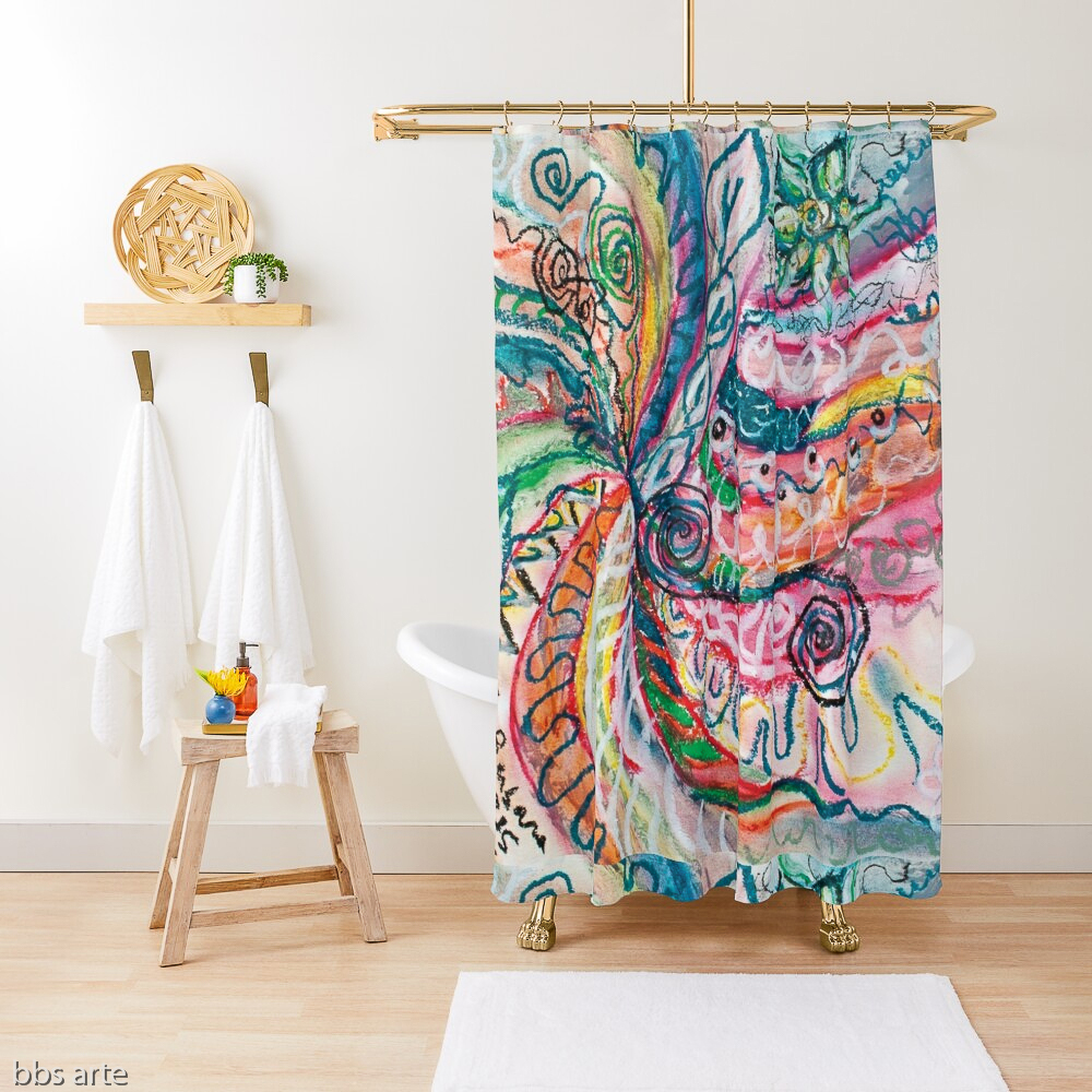 shower curtain with abstract concentric nature design in tones of pink, blue, green, orange, black and white with curls and shapes of nature