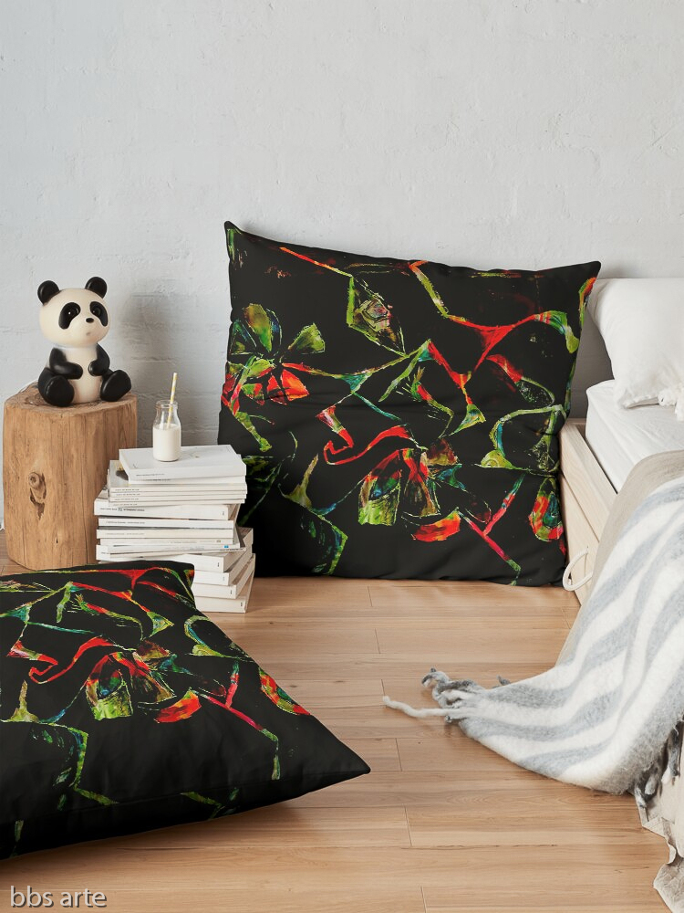 floor pillow with abstract floral geometric red and green shapes on black