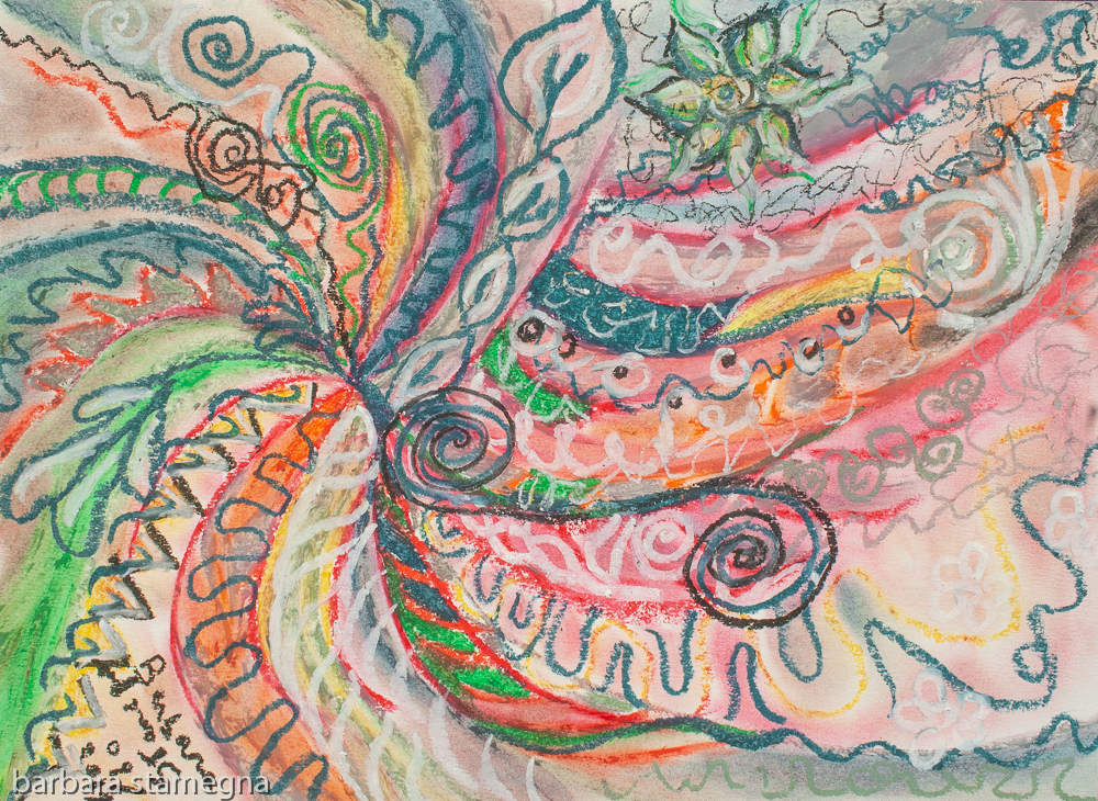abstract concentric nature creation in tones of pink,blue,green,orange,black and white with curls and shapes of nature.