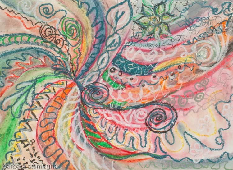 abstract concentric nature creation in tones of pink,blue,green,orange,black and white with curls and shapes of nature.