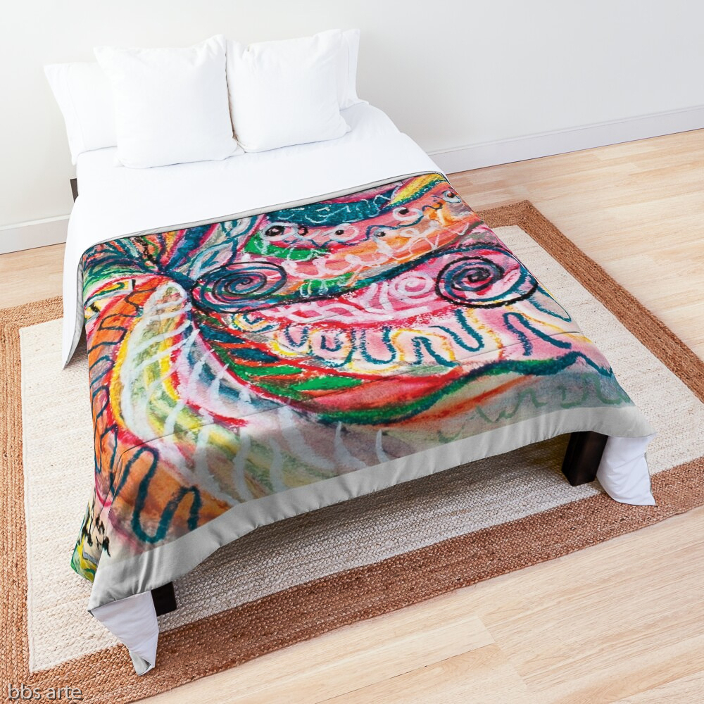 natural shapes abstraction design bed comforter in tones of pink, blue, green, orange, black and white with curls and shapes of nature