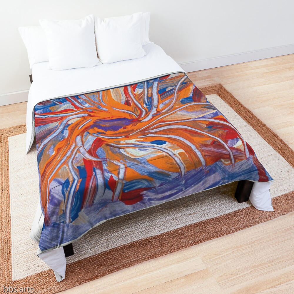 bed comforter with conflluence shapes abstraction design in tones of violet, orange, red and blue