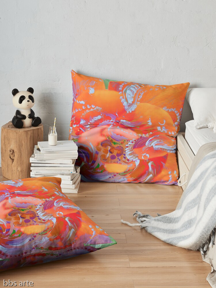 floor pillows with natural white swirls on orange and pink abstract floral pattern