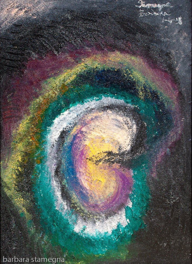 White, yellow, pink, black, blue, green, purple, light blue and lilac tones abstract outset of life like symbolic image in rough texture with rounded concentric shapes and nuances.