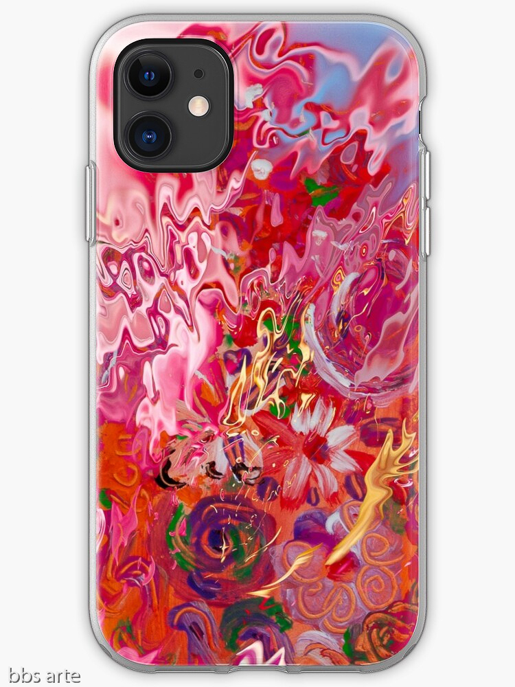iPhone case with abstract floral suggestion pattern in pink and fuchsia shades with light blue, yellow, orange, white, green and purple colors