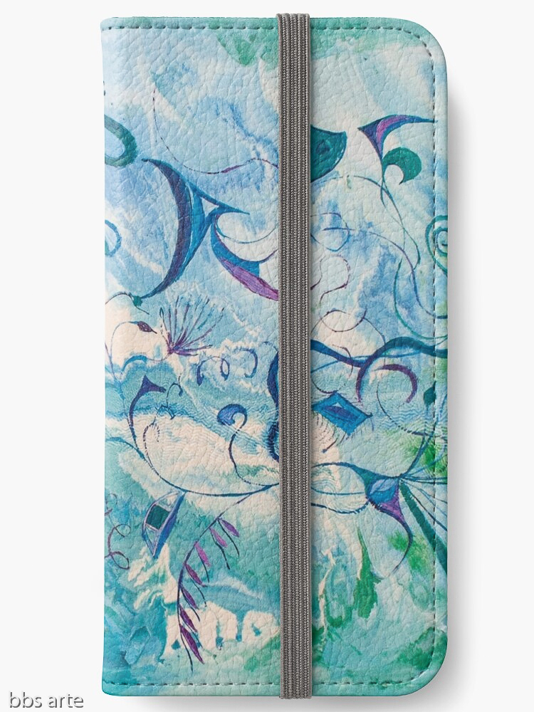 iPhone wallet with orient impressions abstract design in blue and green shades with floating shapes