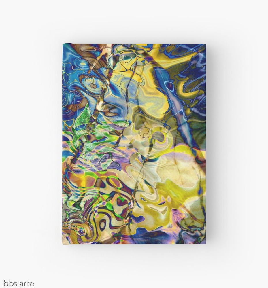 hardcover journal with swirling abstract shapes dynamic pattern in brilliant tones of blue and yellow