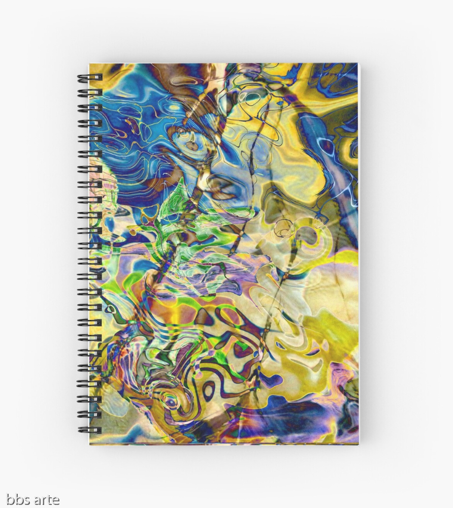 spiral notebook with swirling abstract shapes dynamic pattern in brilliant tones of blue and yellow