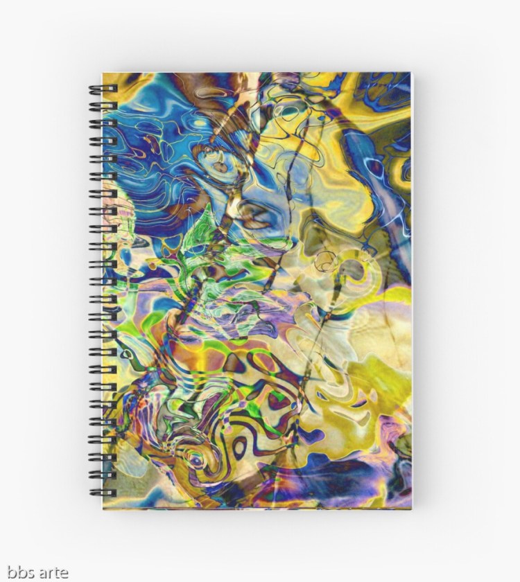 spiral notebook with swirling abstract shapes dynamic pattern in brilliant tones of blue and yellow