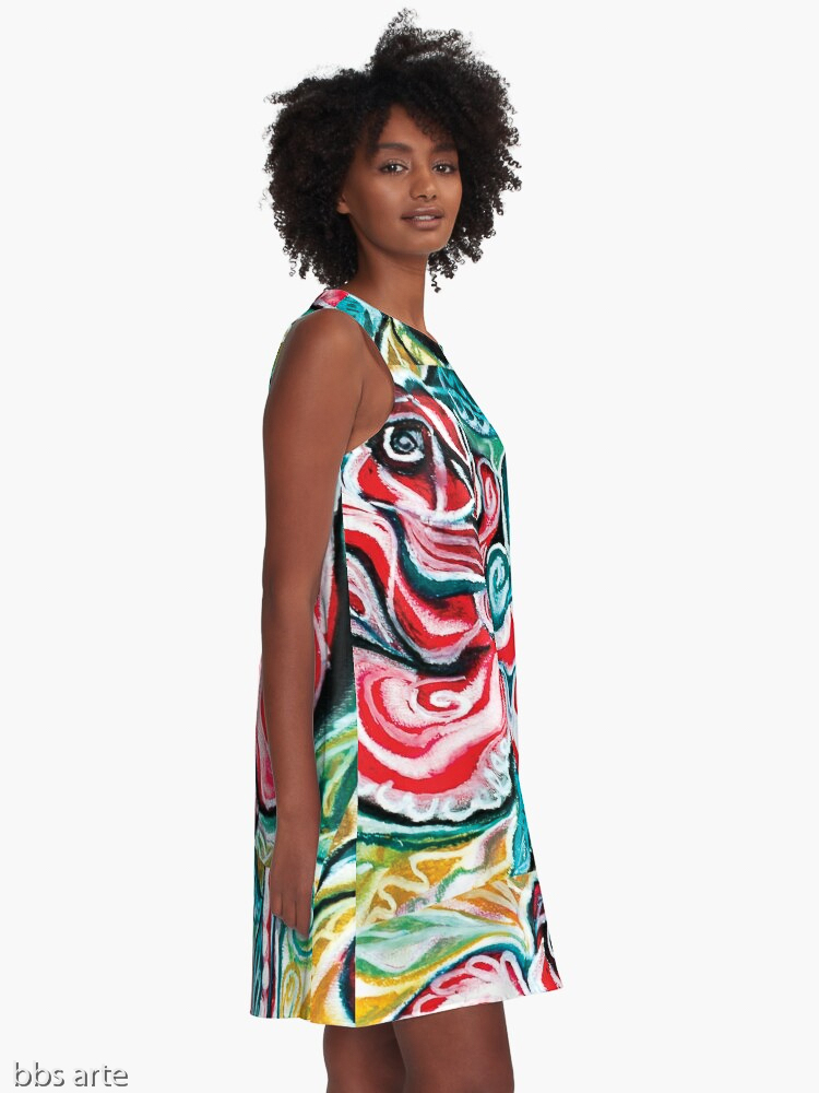 xmas design A line woman dress side view with Christmas colors abstract image in tones of red green, white, black and yellow