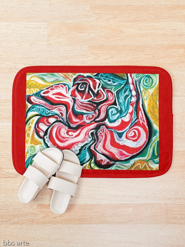 xmas design bath mat with Christmas colors abstract image in tones of red green, white, black and yellow
