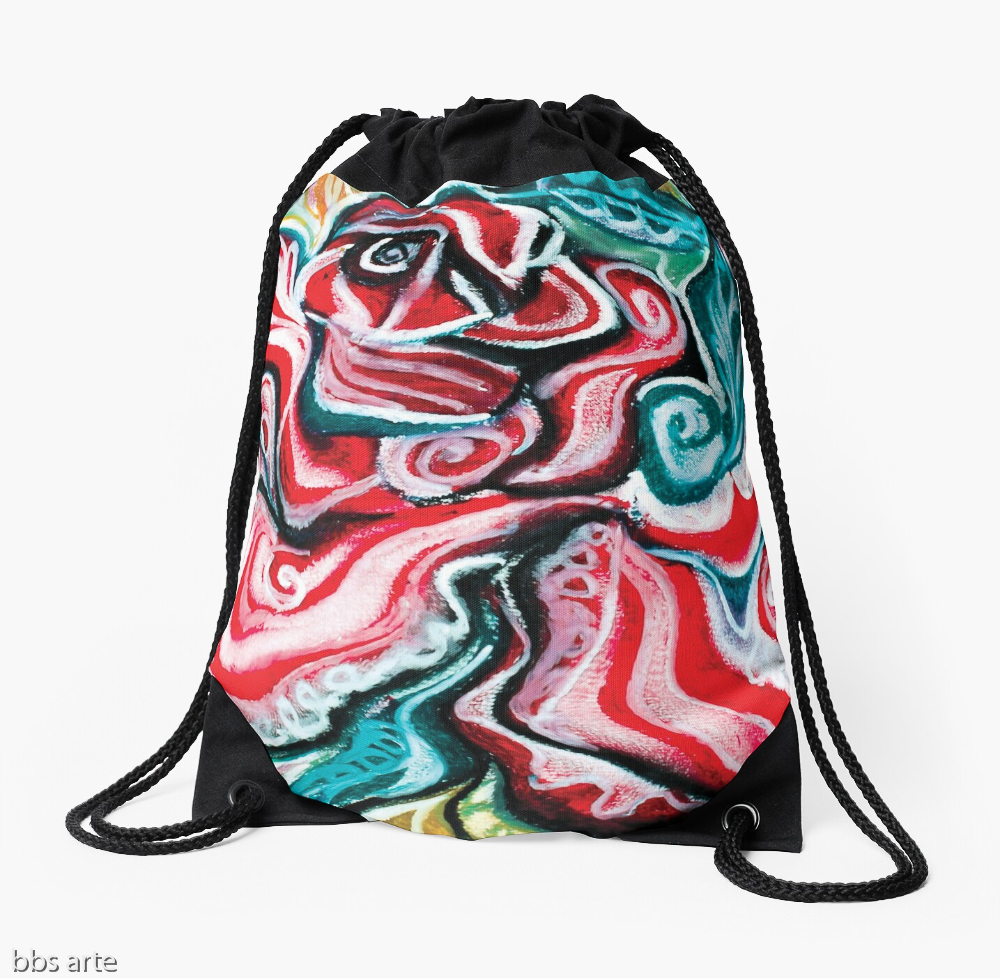 xmas design dawstring bag with Christmas colors abstract image in tones of red green, white, black and yellow