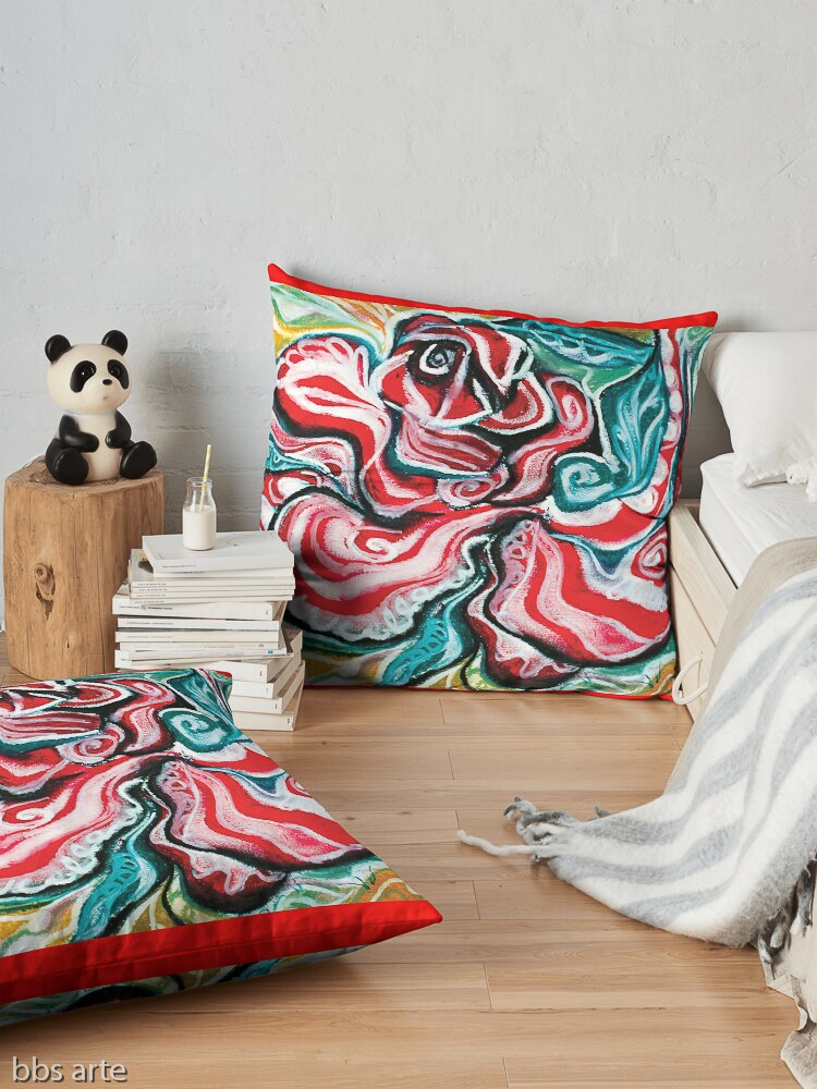 xmas design floor pillows with Christmas colors abstract image in tones of red green, white, black and yellow