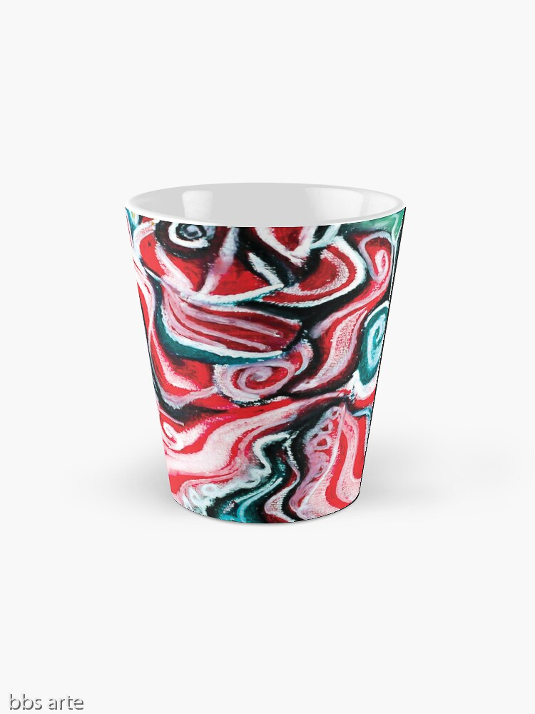 xmas design tall mug with Christmas colors abstract image in tones of red green, white, black and yellow