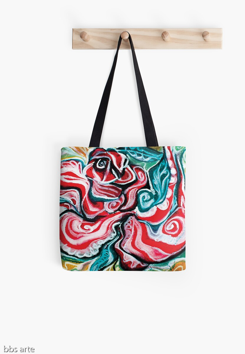 tote bag with Christmas colors abstract image in tones of red green, white, black and yellow
