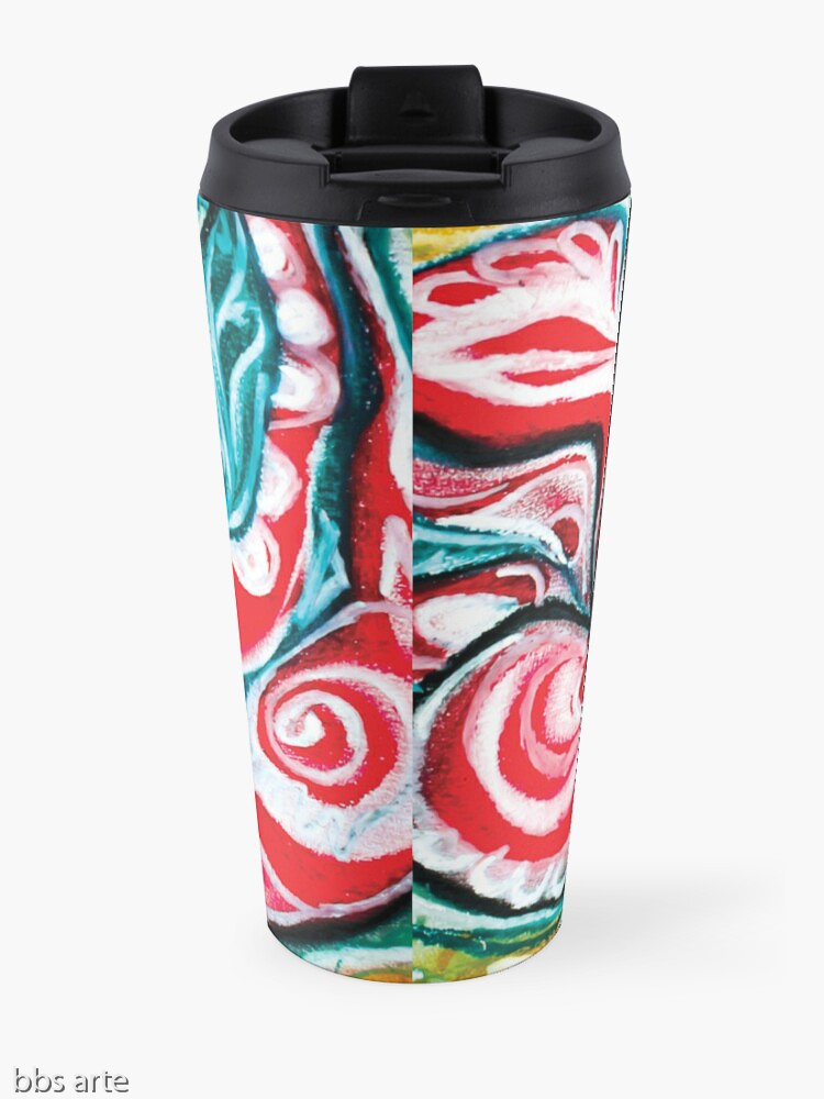 xmas design travel mug with Christmas colors abstract image in tones of red green, white, black and yellow